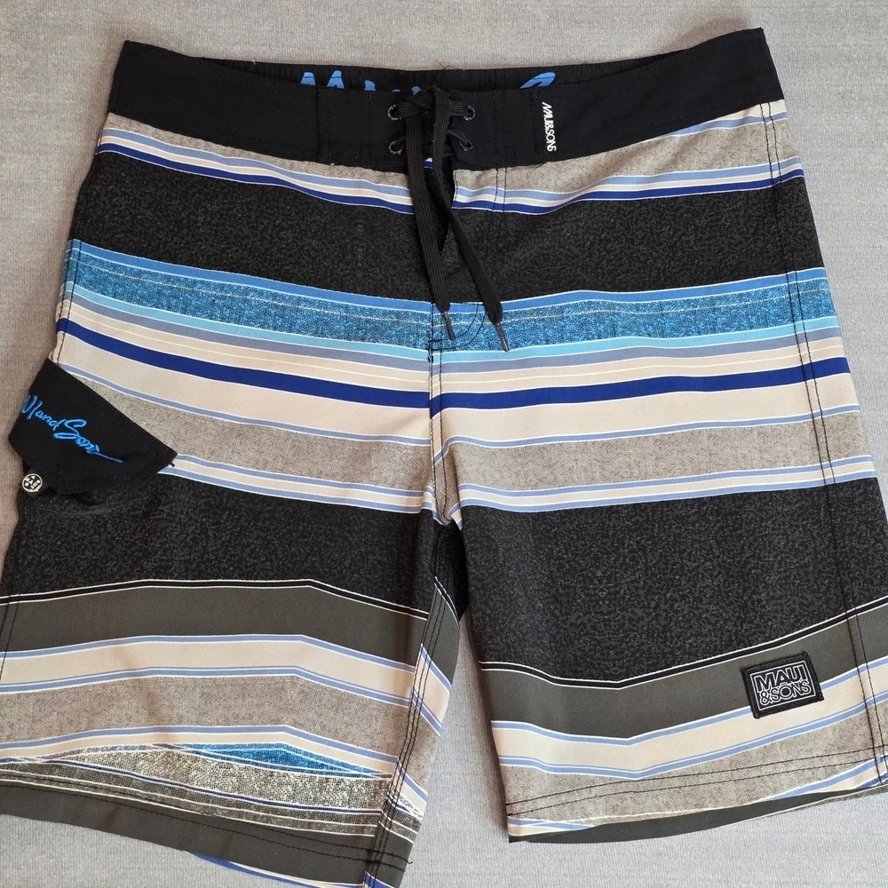 Lot of 2 Hurley Maui & Sons Board Shorts Mens 32 Black Tropical Striped Swim
